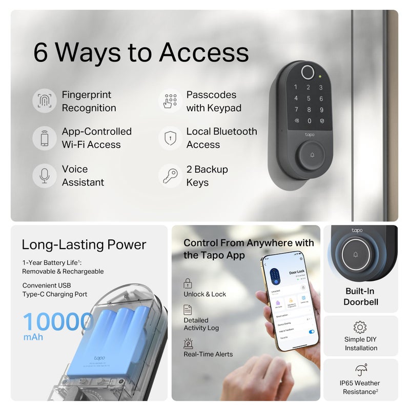 tapo TP-Link Tapo Smart Door Lock  Deadbolt | Keyless Entry  Fingerprint Recognition  Touchscreen Keypad & in-App Monitoring with Scheduled Access | 1-Year Rechargeable Battery | BHMA Grade 2 | Tapo DL110 - Image 2